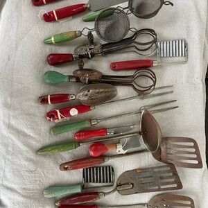 Vintage Kitchen Utensil Set with Red and Green Handles